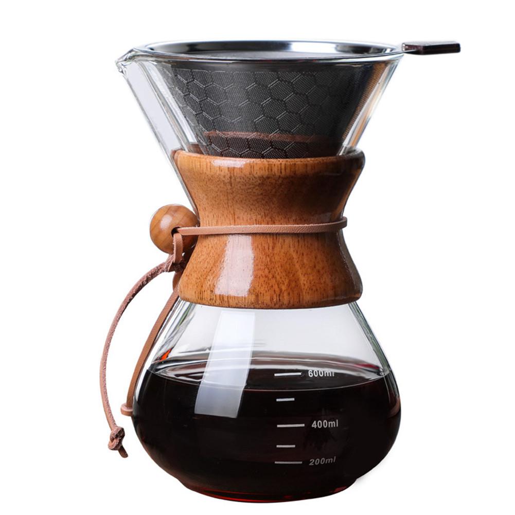 Hæld over kaffemaskine glaskaraffel og genanvendeligt rustfrit stål permanent filter manuel kaffedråber med ægte træmuffe: 600ml med si