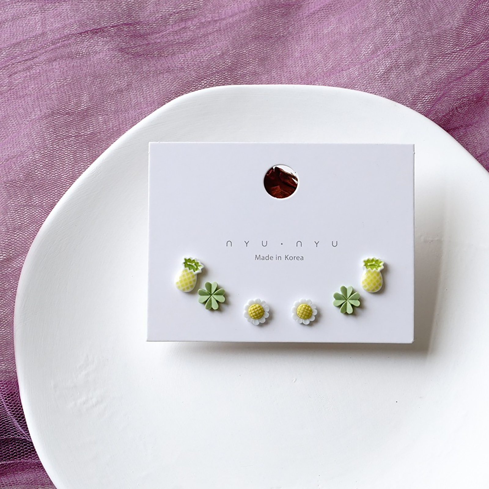 Juego de pendientes de cerámica para mujer y niña, aretes redondos de varios colores con forma de flor, estrella, avión, universo y Planeta, joyería para la oreja, 3 pares: COLOR ORO ROSADO