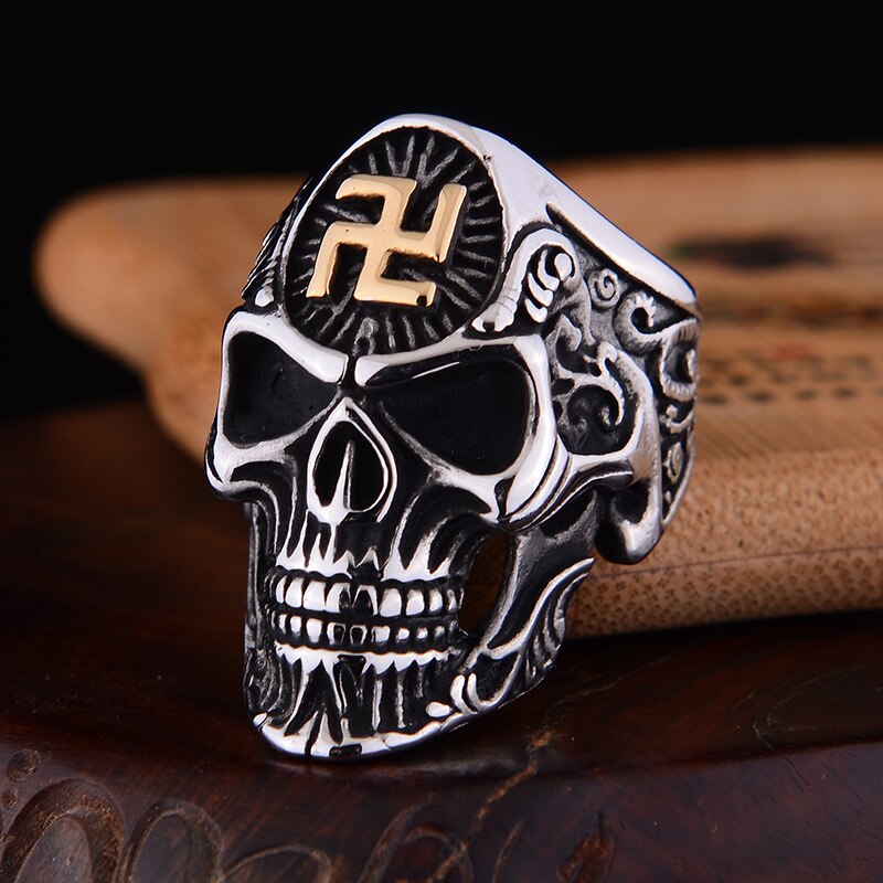 Punk hagekors symbol skelet spøgelseshoved store ringe til mænd rustfrit stål tilbehør religiøse kranium mænd svastika ring: 14 / Guld