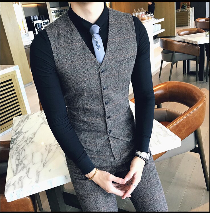Men's Boutique Cotton Plaid Business Casual Suits Vests Men's Wedding Dress Formal Suit Vest Male: gray / XXXL