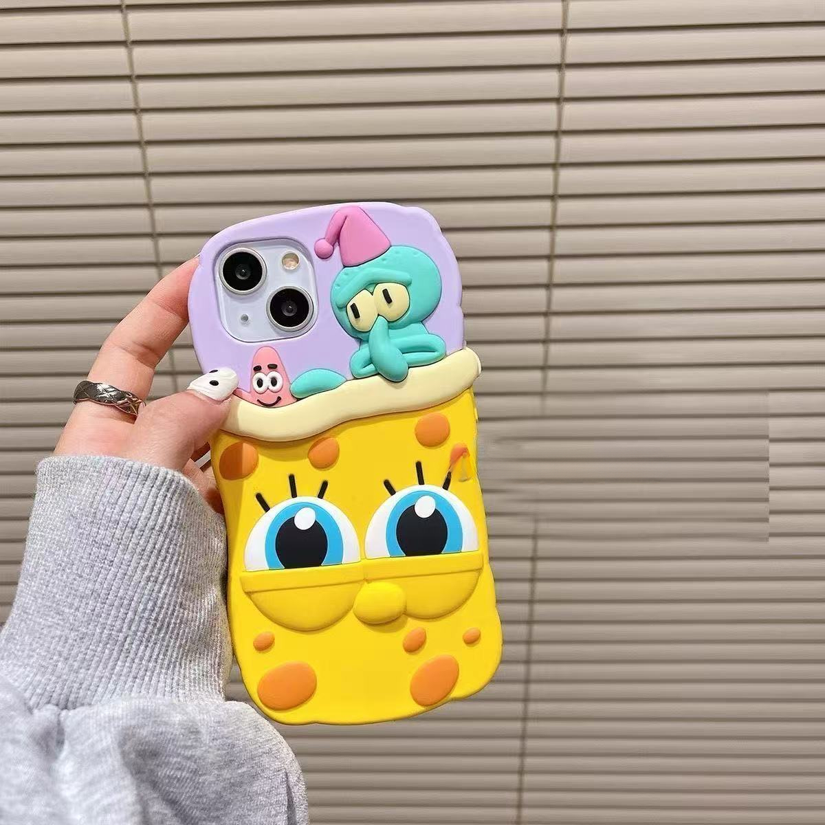 3D SpongeBob SquarePants Phone Case For iPhone 15 14 13 12 Pro Max 11 promax Soft Silicone Cute Cartoon Cover Fundas