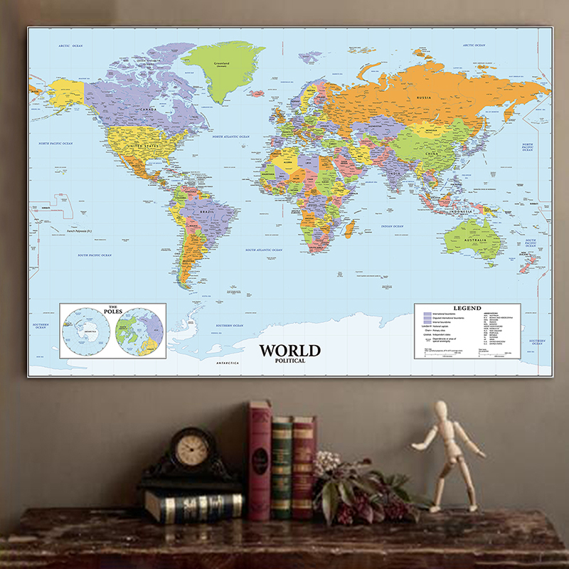 140*100cm The World Map with Details Unframed Prints Wall Art Poster Non-woven Canvas Painting School Supplies Home Decor