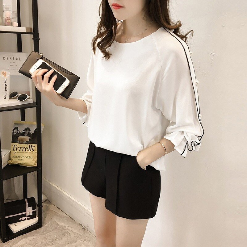 Women Blouses Chiffon O Neck Blouse Office Female Tops Long Sleeve Korea Pearl Women's Shirt Blusas Plus Size