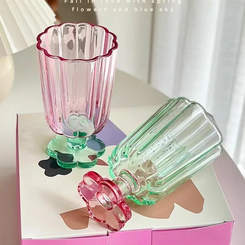 220ml Glass Colorful Flower Shaped Vase Plant Flower Arrangement Ornament Wine Glass Tea Drinking Glass Bar Drinkware Glass Cup