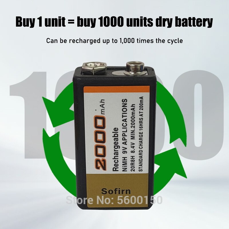 9V 2000Mah Sofirn Oplaadbare Ni-Mh Batterij Voor Microfoon Interphone Rookmelder Auto Speelgoed