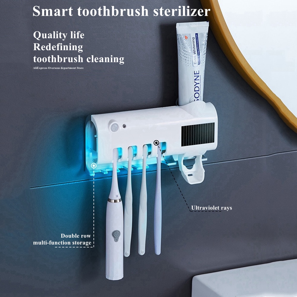 Smart Toothbrush Holder UV Toothbrush Disinfection Solar +USB Charging Automatic Toothpaste Dispenser Bathroom Accessories