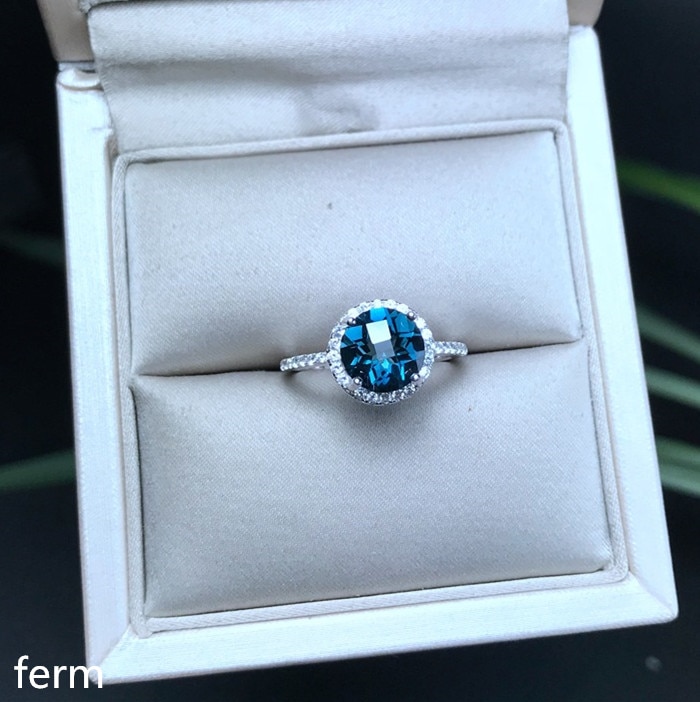 KJJEAXCMY boutique sieraden 925 sterling zilver ingelegd natuurlijke Londen Blue Topaz ronde sieraden ring voor vrouwen