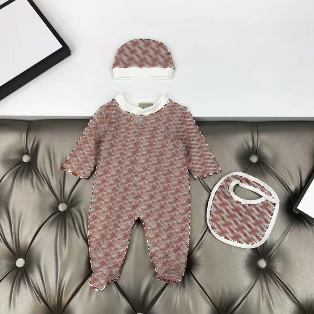 baby clothes printed long-sleeved cotton Newborn baby girl boy romper Hat and bib set 0-3 months