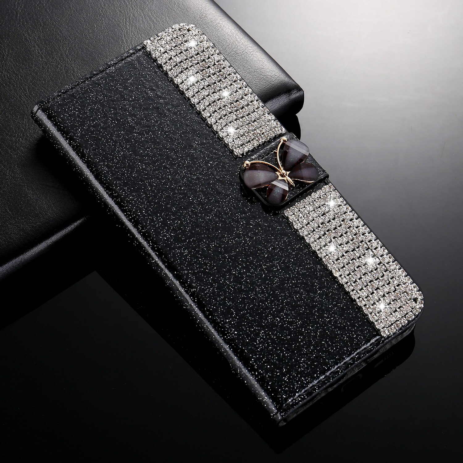 L-FADNUT Bling funkeln Brieftasche Telefon fallen Für HUAWEI Kamerad 20 Profi P20 Lite P30 Nova 4e Luxus Ständer Abdeckung 360 schutz Capa: Pro Kamerad 20 Profi / Schwarz