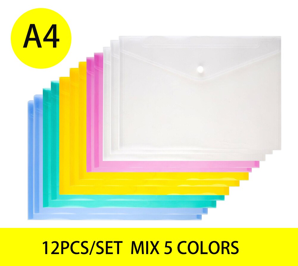 12pcs/set A4 file folder storage bag transparent plastic A5 document bag A3 office file bag school supplies paper bag folder: A4 mix 5 colors