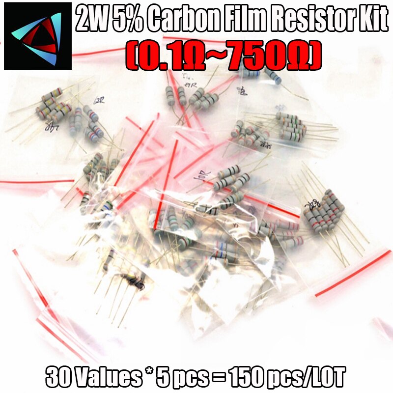150 stk 2w 5% 0.1 ohm ~ 750 ohm 30 værdier 5 stk carbonfilmmodstandssæt