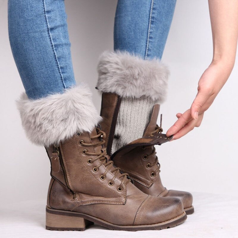Women Winter Leg Warmers Lady Crochet Knit Fur Trim Leg Boot Socks Toppers Cuffs
