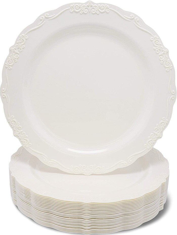7.5 10.25 Inch Europese Plaat Bruiloft Banket Buffet Opluchting Kant Plaat Steak Dessertbord Wegwerp Plastic Plaat 12Pcs: 10.25 inch 12PCS E