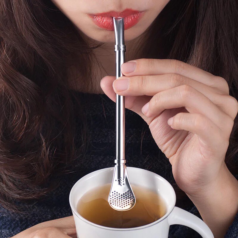 2 in 1 Coffee Straw spoon Stainless filter Spoon Teaspoon Dessert Snack Scoop Ice Cream Mini Spoons Tableware