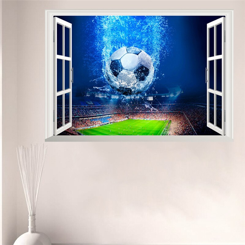 3d Window Blue football Soccer wall stickers for kids rooms living room bedroom wall decals boys room decoration