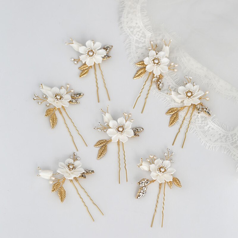 Handmade Bride Headpiece biżuteria ceramiczna kwiatowa do włosów grzebień zestaw klipów wsuwka ślubne ślubne akcesoria do włosów: AC19-4 PIN 7PCS