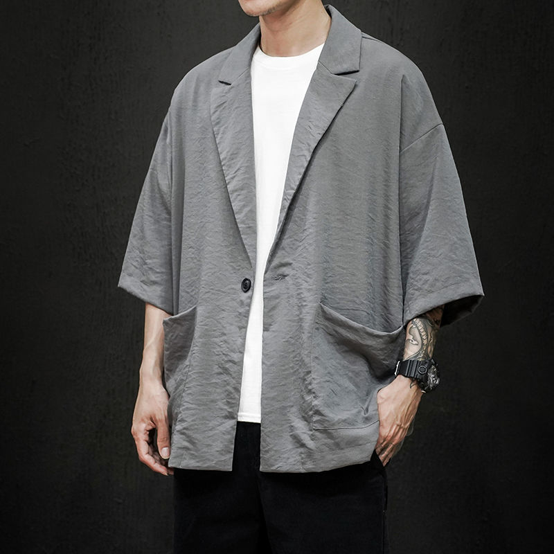 Lente en zomer jeugd populaire heren losse effen kleur zeven punt mouw pak casual dunne jas jas: Grijs / M