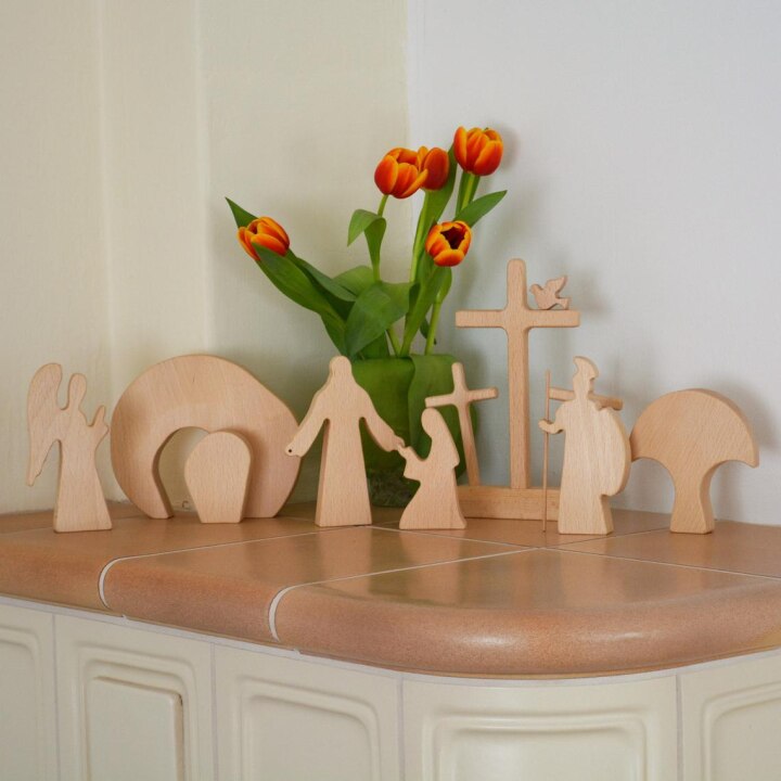 Scène de résurrection de pâques, décoration en bois, décor de pâques, croix en bois, décor de nativité en bois, œufs