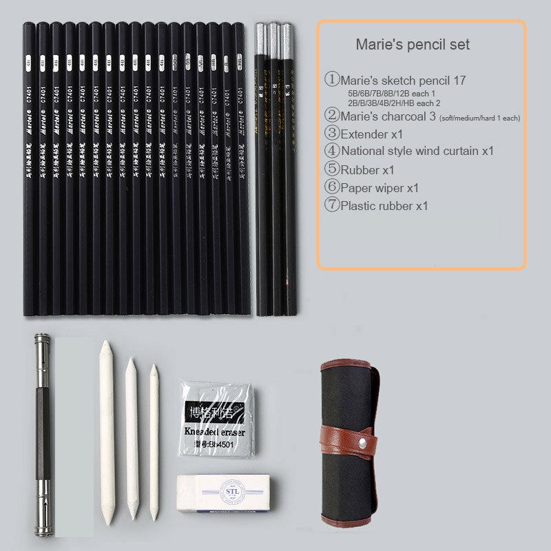 Ensemble de crayons à croquis de Marie débutant 2b4b outils de peinture pour adultes stylo à croquis stylo enfants sac à dessin fournitures d'art: 17 pen curtains
