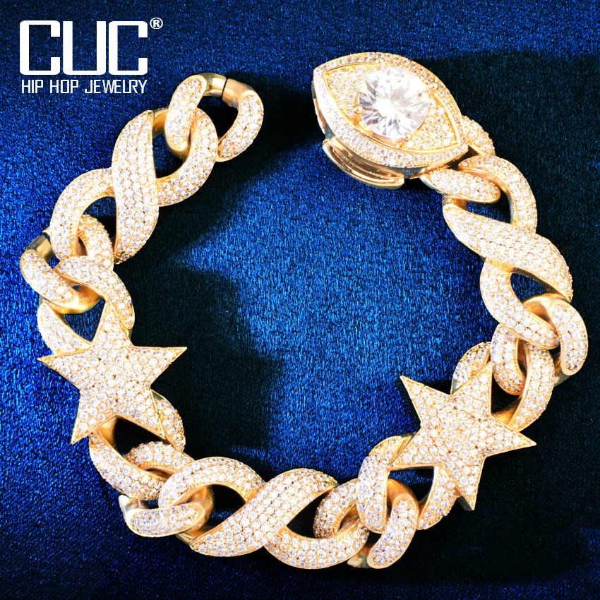 Golden Color Star Miami Cuban Bracelet Chain Jewelry For Men Women Iced Out Zircon Hip Hop Rock Link