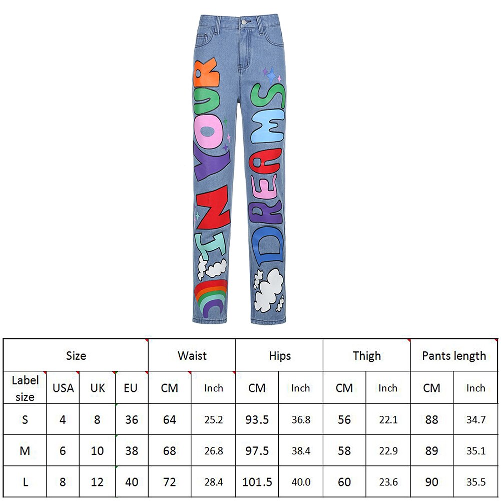 Graphique lettre imprimé Baggy femmes jean pantalon taille haute jambe large Punk Y2K mignon Demin Streetwear e-fille Jeans décontractés