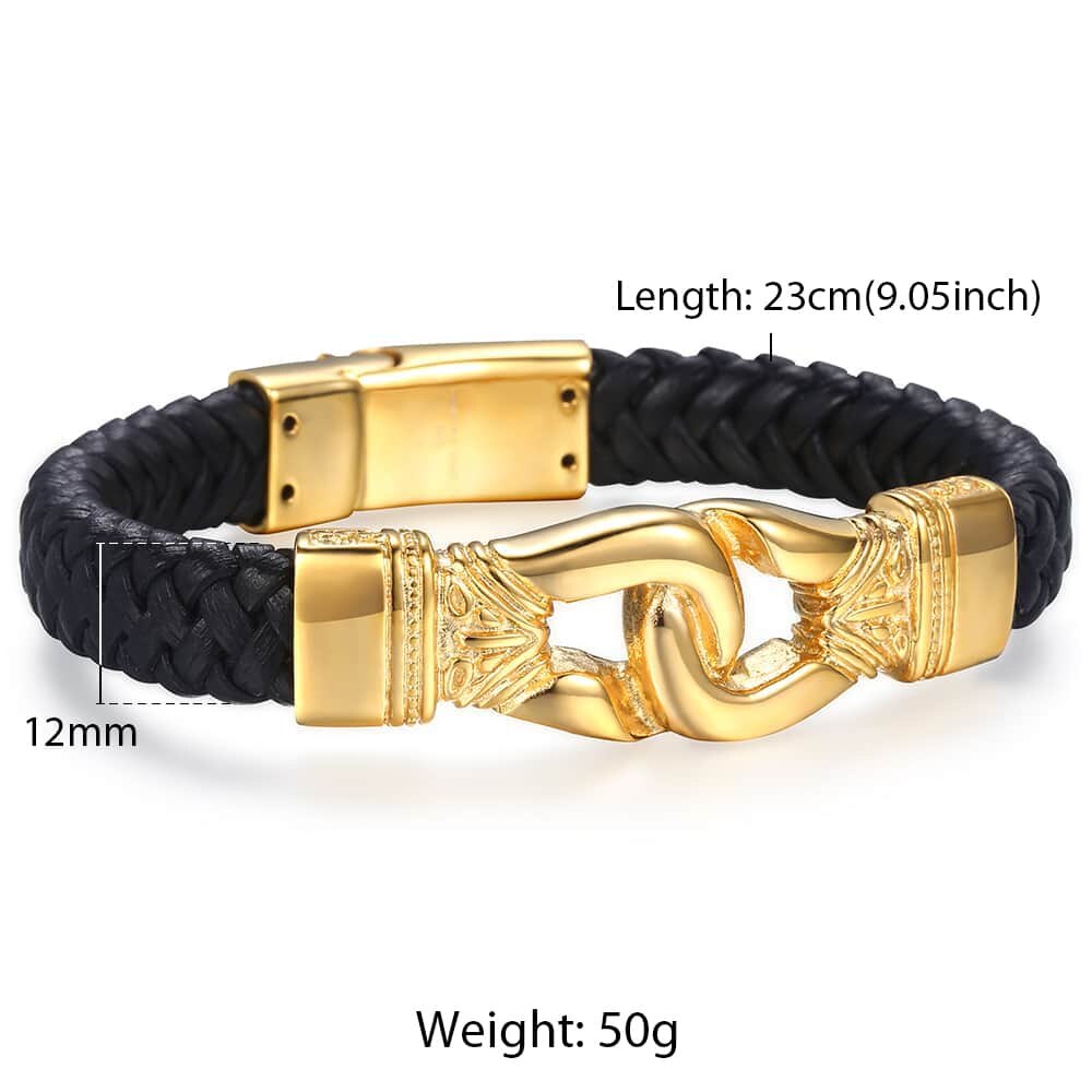 Davieslee Mens Man-made Leather Bracelet Stainless Steel Box Link Knot Charm Wristband 12/13mm Gold Silver Color DHB496: Gold HB254