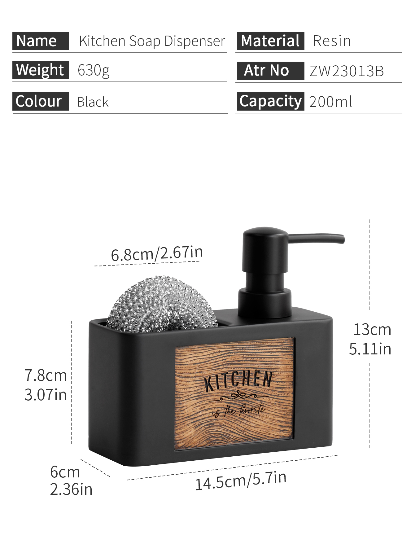 Distributeur de savon de cuisine avec porte-éponge, distributeur de savon liquide pour les mains et la vaisselle et porte-éponges noir et blanc