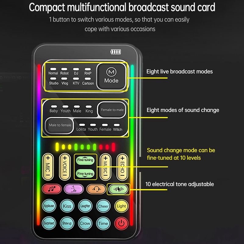 Cambiador de voz I9, Kit completo de múltiples efectos de Audio, Bluetooth, tarjetas de sonido en vivo, tarjeta de sonido portátil ultrafina, herramienta de micrófono duradera