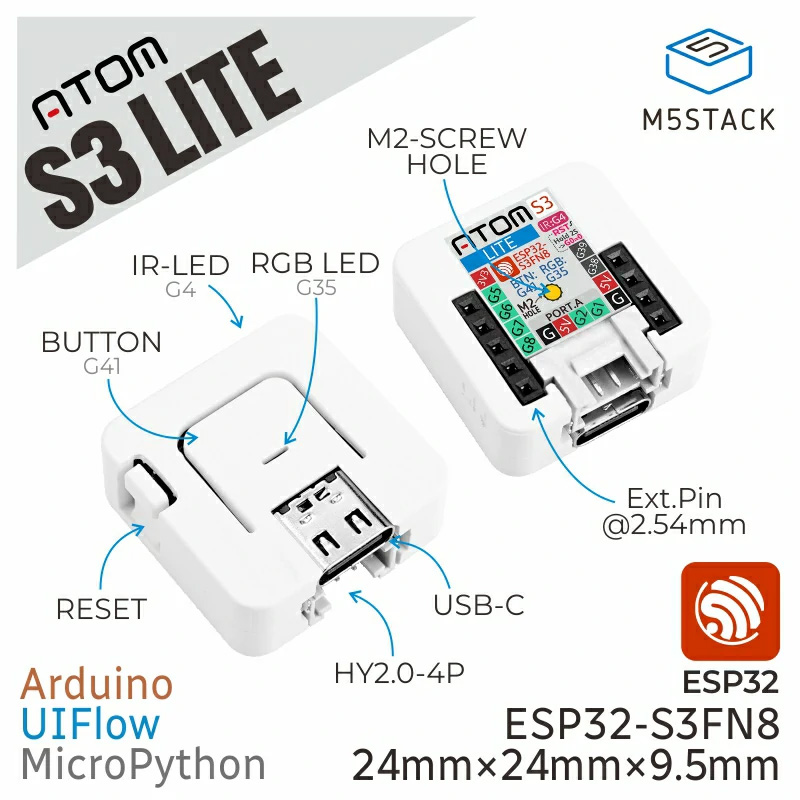 M5Stack AtomS3 Lite Atom Series ESP32-S3FN8 controlador programable 8M memoria Kit de desarrollo Wi-Fi para nodo IoT