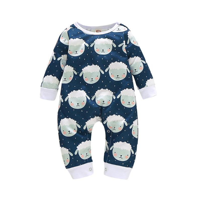 Combinaison avec imprimé d'animaux et de plantes | Combinaison en coton, col rond, manches longues, décontractée, costume de soleil, pour garçons et filles, vêtements de maison, pour bébés: Bleu marine / 3M