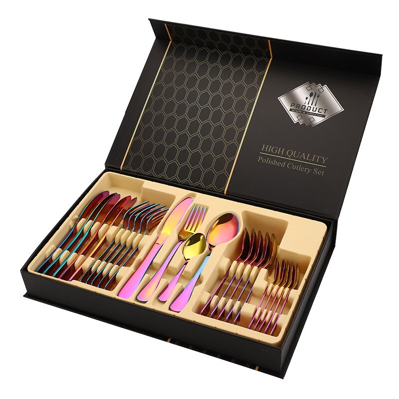 24pcs Gold Tableware Set Stainless Steel Knife Fork Spoon Dinnerware Box Cutlery Set Kitchen Flatware Tools Housewarming: 1010-multicolor