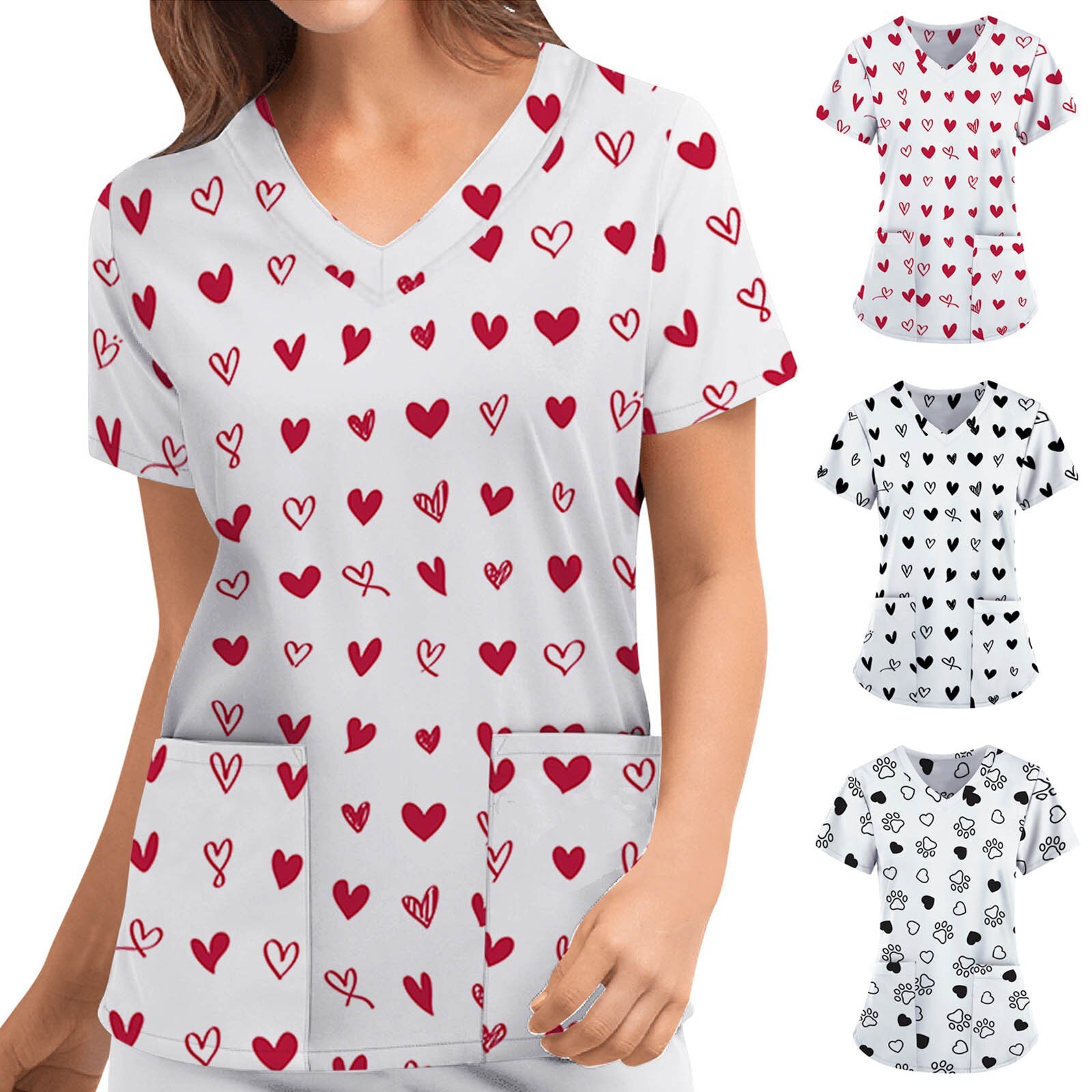 Rouge coeur motif t-shirts femmes mignon saint valentin amour poche col en v manches courtes haut ample Blusas Mujer Manga Corta