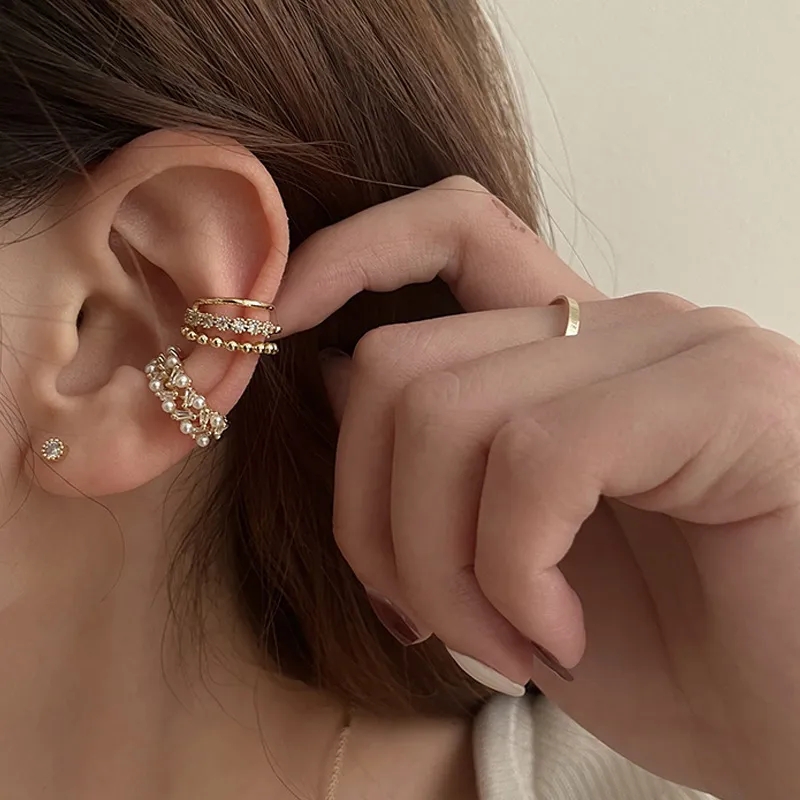 Boucles d'oreilles à Clip en perles Double couche pour femmes et filles, nouvelle coréenne, Clip de manchette d'oreille en Zircon de luxe sans piercing, bijoux
