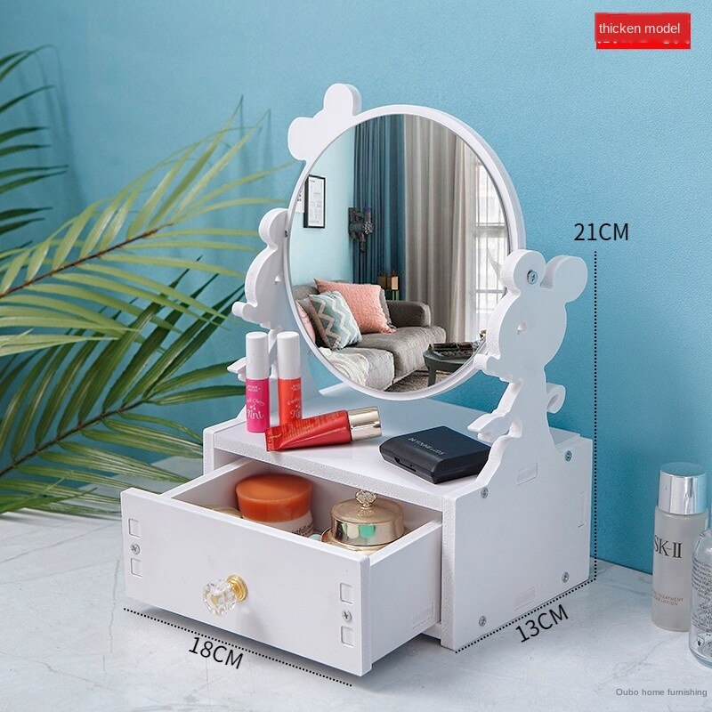 Rotate Wooden Cute Make-up Mirror DIY Assembly Desk Dressing Mirror Women Portable Large Cosmetic Storage Box Shelf WF: B