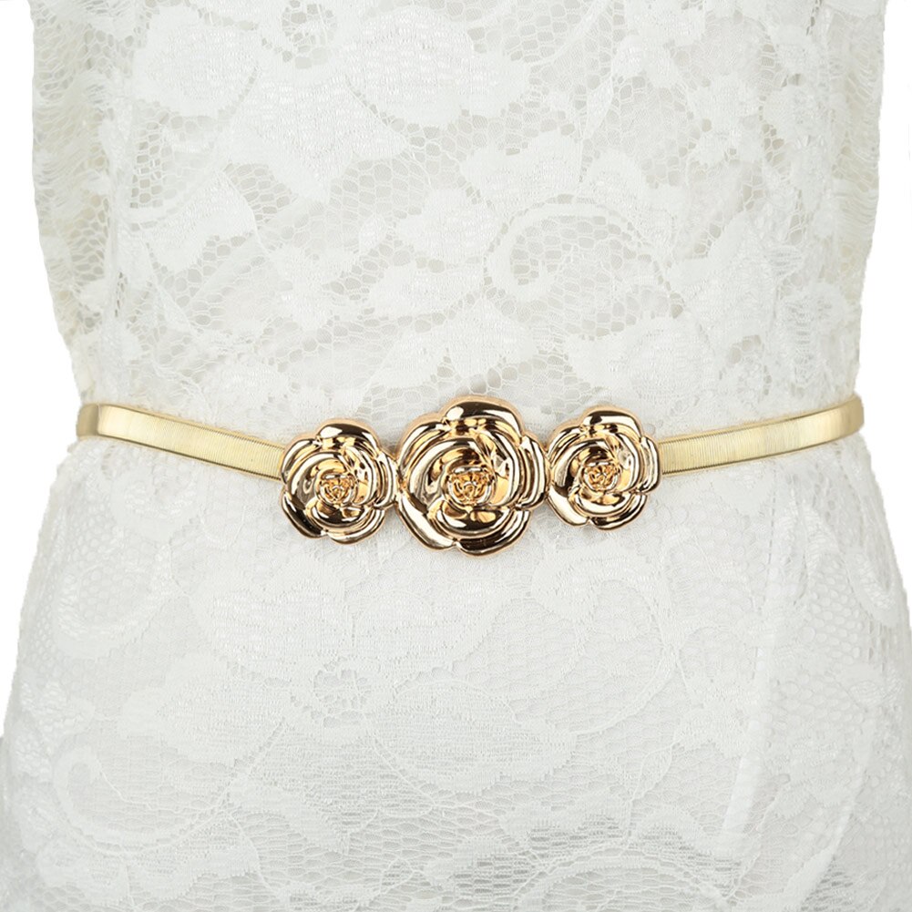 schick Frauen Metall Gürtel Rose Verschluss Vorne strecken Frühling Taille Gurt Elastische Bund Gürtel Für Kleid Bluse Gold/ silber