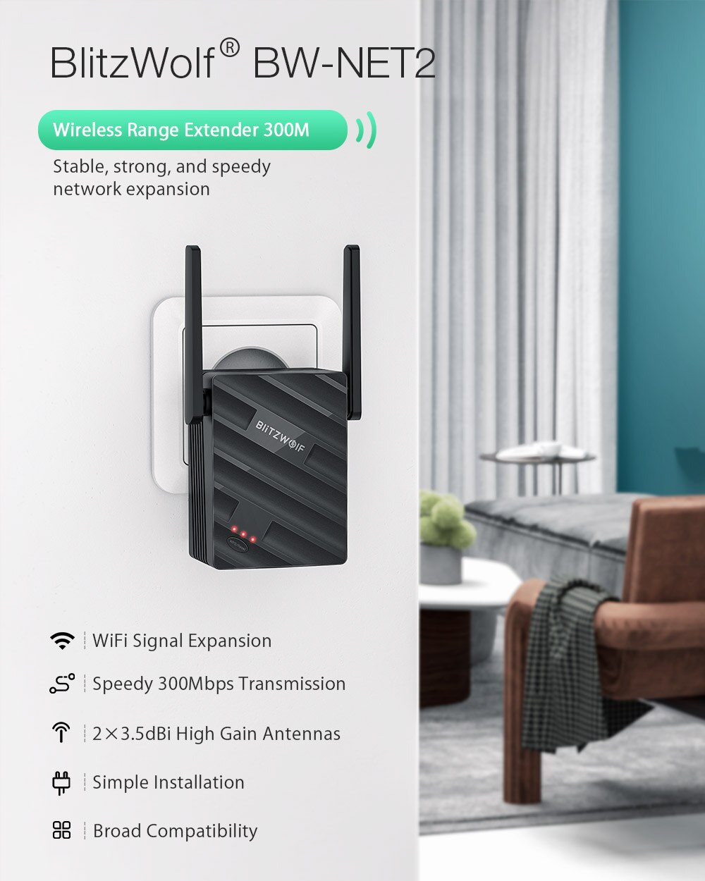 BlitzWolf BW-Netz2 kabellos Verstärker 300Mbps kabellos Palette Verlängerung Unterstützt 64 Geräte Tragbare WiFi Signal Verstärker Booster