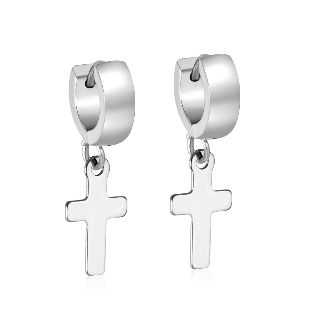Pendientes góticos de lujo con colgante de cruz para hombre, aretes colgantes de gota, aro de acero inoxidable de Color plateado, joyería Punk para oreja, BFF: Bañado en rodio de imitación
