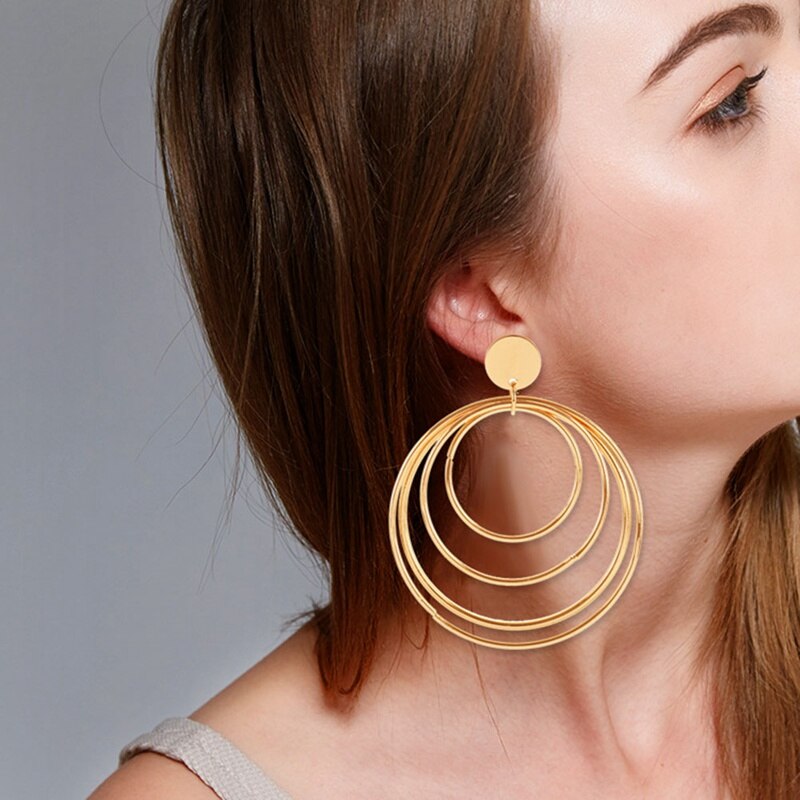 Mode Overdreven Goud Kleur Grote Holle Multi-layer Ronde Cirkel Hoop Earring Sieraden Cadeau Voor Minnaar meisjes