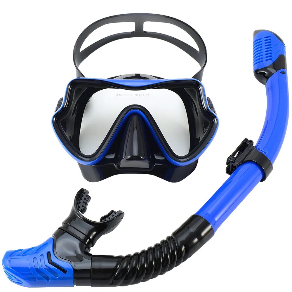 Tauchmaske Schnorchelset für Erwachsene, gehärtetes Glas, professionelle Panorama-Schnorchelausrügestochen, Schwimmtraining, Schnorchelset: Marine Blau