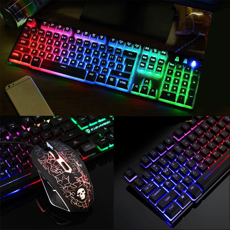 1 set van  t6 regenboog led-achtergrondverlichting multimedia ergonomische usb bekabelde gaming toetsenbord muis en muismat voor pc laptop computer gebruikers gamers