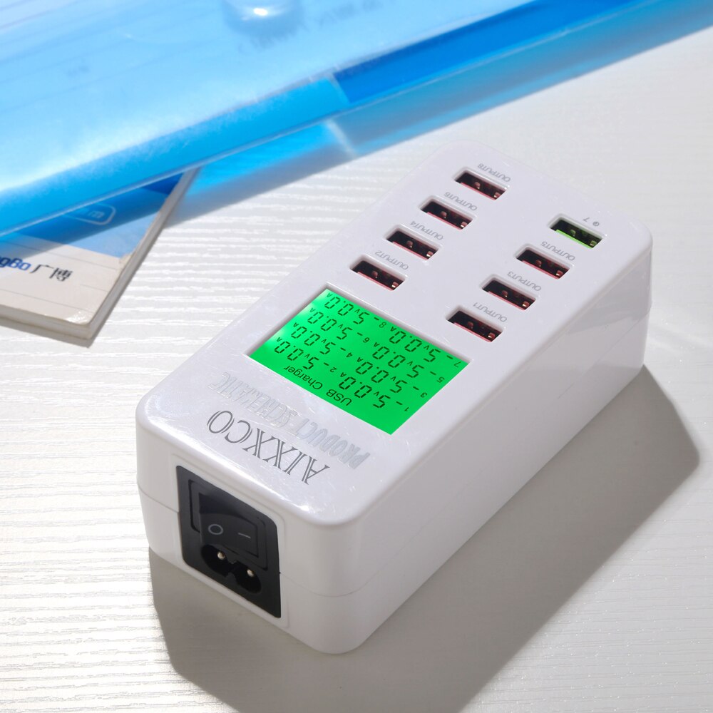 Pantalla de pantalla de carga rápida AIXXCO QC3.0, adaptador de cargador USB inteligente de 8 puertos, cargador de escritorio, cargador de viaje para teléfono móvil QC2.0