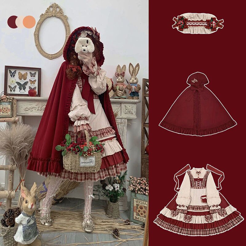 Japanse Harajuku Zoete Lolita Op Jurk Girly Leuke Berry Bos Strik Prinses Jurk Vrouwen Rode Hooded Mantel Tea Party Jurken