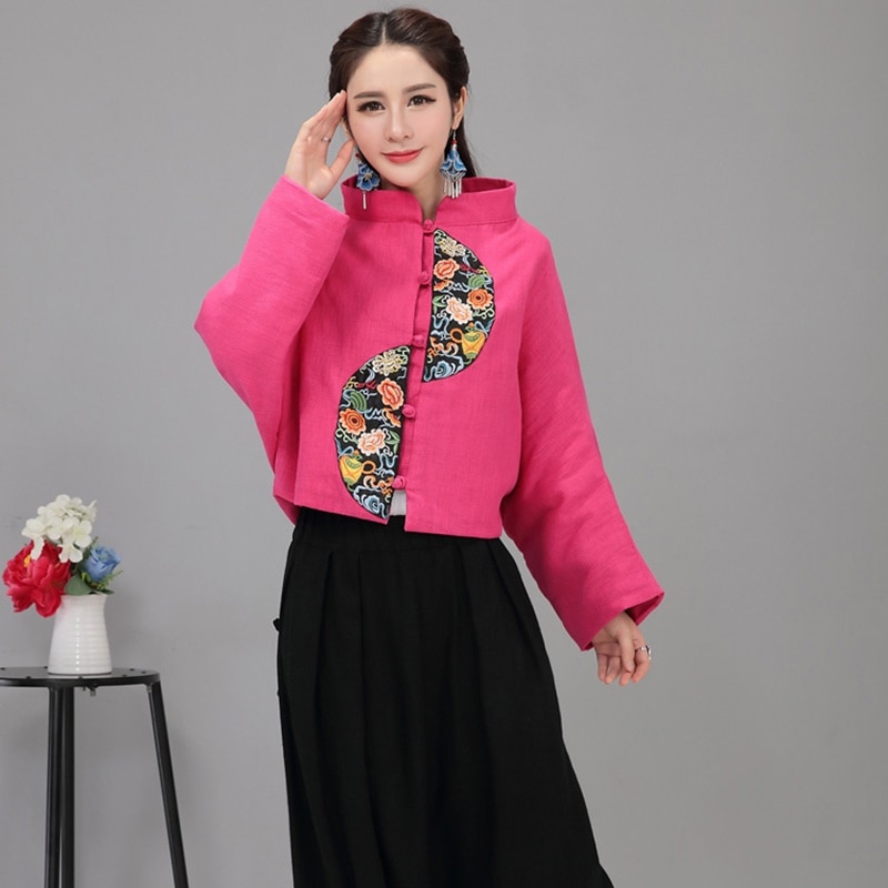 Ropa de estilo chino para mujeres, chaqueta Retro con bordado rojo, chaqueta femenina, blusa Ethinc, Tops chinos para mujeres FF2540