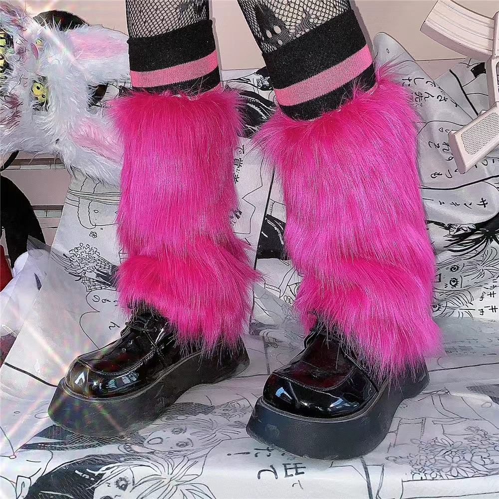 Calentadores de piernas peludos rosas Y2K Punk gótico calentadores de piernas de piel sintética cubiertas de botas señora lindo Jk hasta la rodilla Hipster calcetín cálido calcetines de: Oro