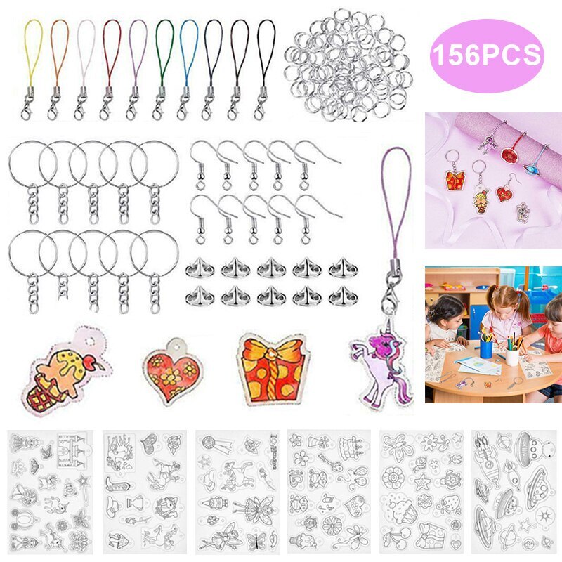Llaveros de plástico termorretráctil para manualidades, juego con hojas de papel, accesorios para manualidades, 156 Uds.