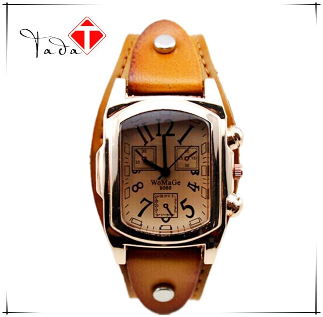 Dames heren rechthoekig analoog horloge met roestvrijstalen kast en leren band dames quartz sporthorloge