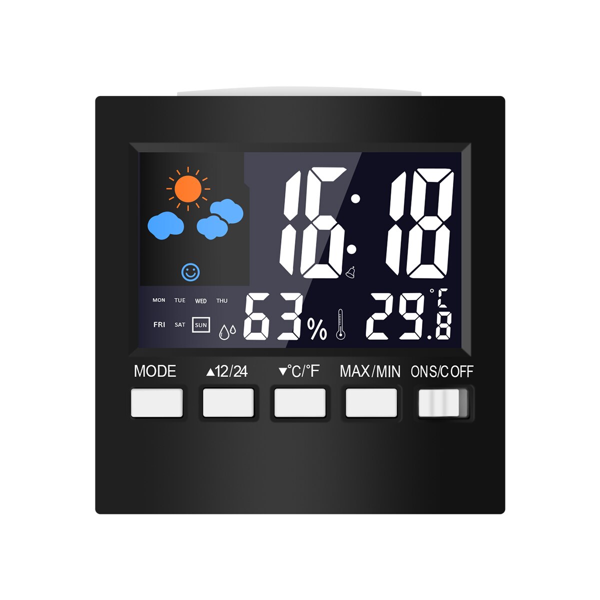 LCD Back Light Desk Clock Indoor Weather Station Alarm Clock Time/Date/Week/Alarm/Temp/Humidity/Weather/Snooze Display