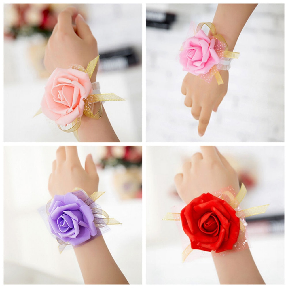 1Pcs Wrist Flowers Wedding Supplies PE Artificial Rose Ribbon Flower Bride Bridesmaid Hand Flower Party Decoration