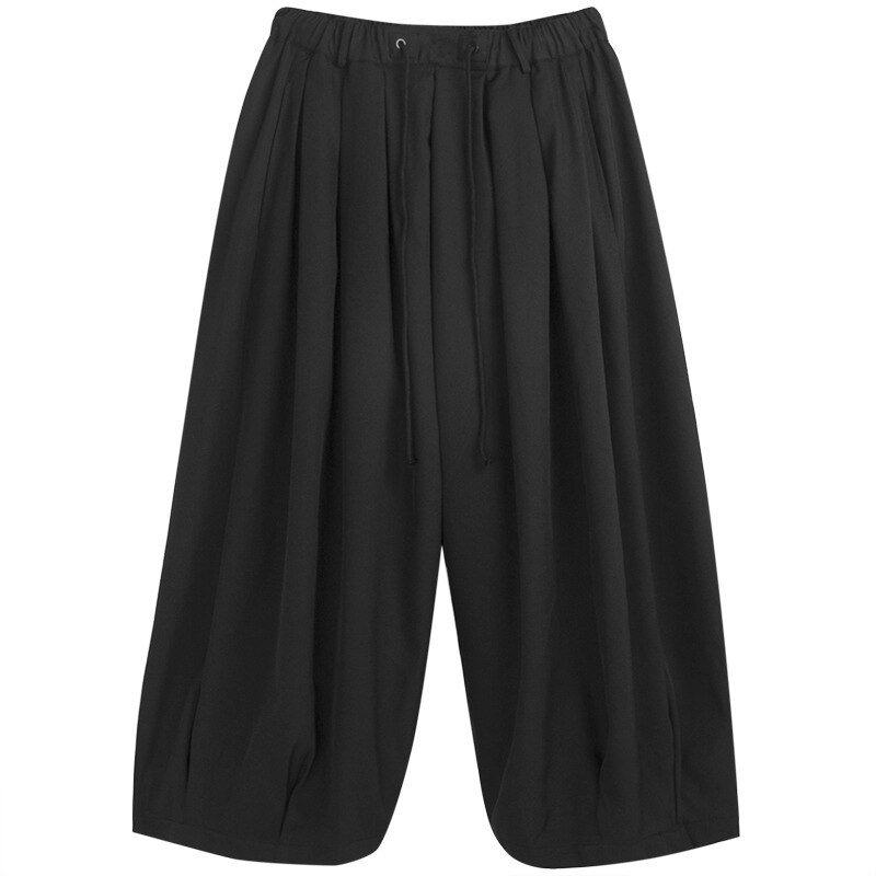 Calças de samurai japonês masculino solto ajuste pantskirt perna larga calças de cintura elástica preto