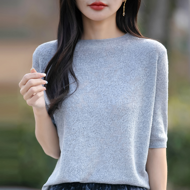 Women's Half-sleeved T-shirt Wool Lyocell Tees Sweater O-neck Flower Shaped Hollow Pullover Vest Summer Knitted Bottoming Tops